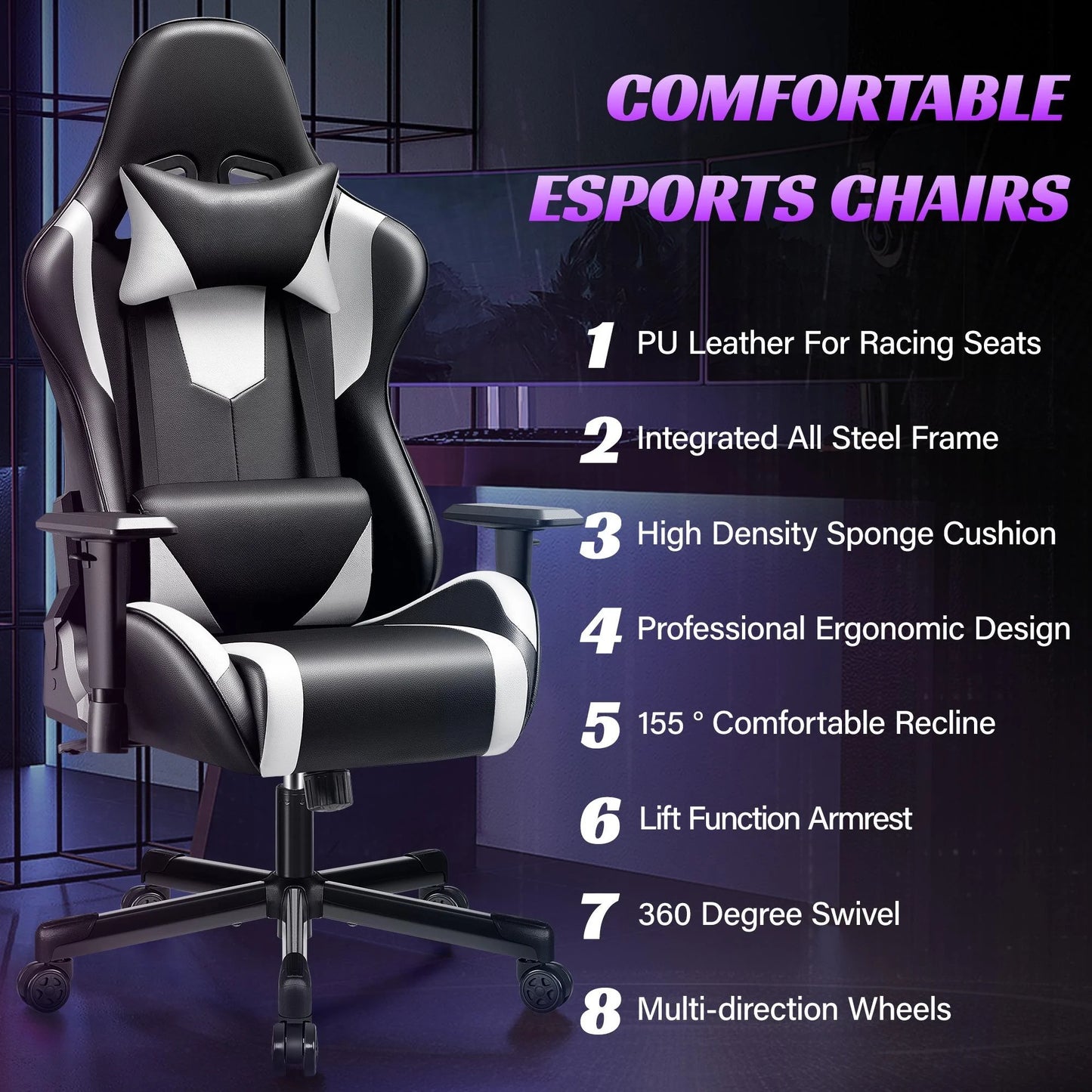Gaming Chair, Ergonomic Game Chair, Multi-Level Adjustable, Swivel Home Office Chair, Black & White