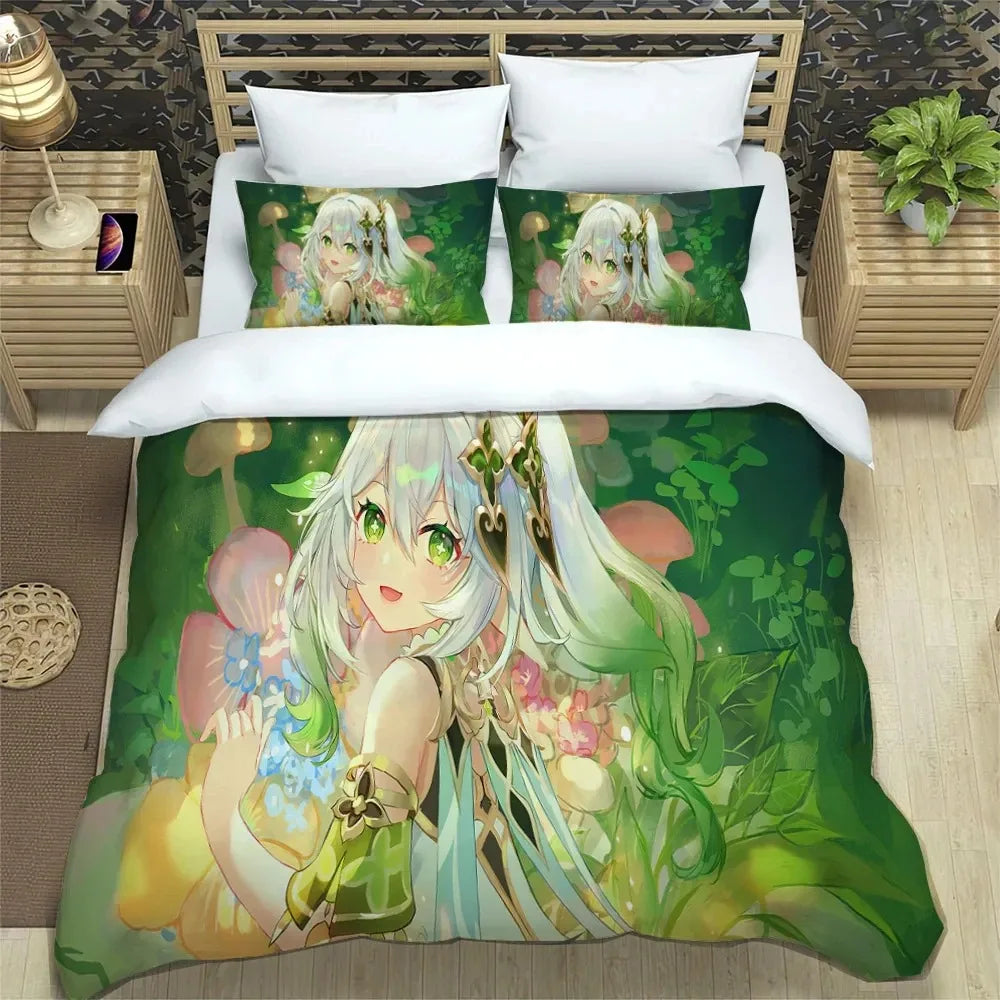 Conjunto de cama Anime Genshin Impact para rapaz e rapariga, tamanhos Twin e Queen, capa de edredão e fronha, roupa de cama moderna para crianças e adultos, têxtil-lar