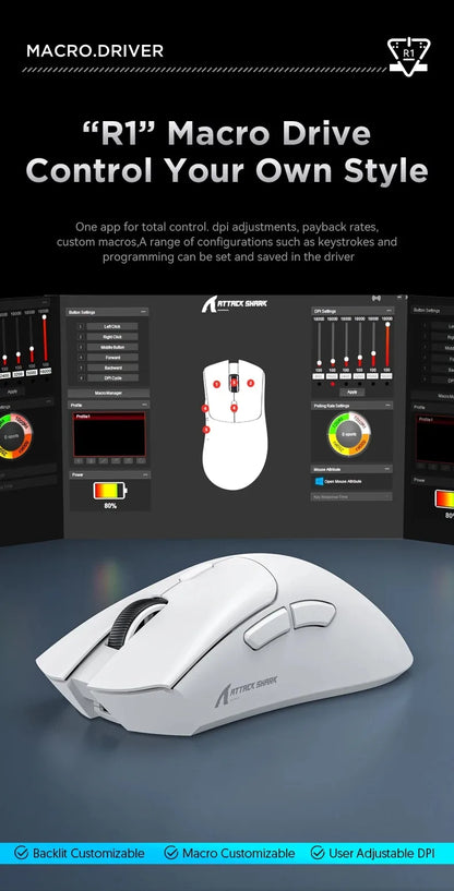 Attack Shark R1 Wireless Mouse for Gaming 1000 Hz PAW3311 Sensor,Rechargeable,Bluetooth Tri-mode,Ergonomic