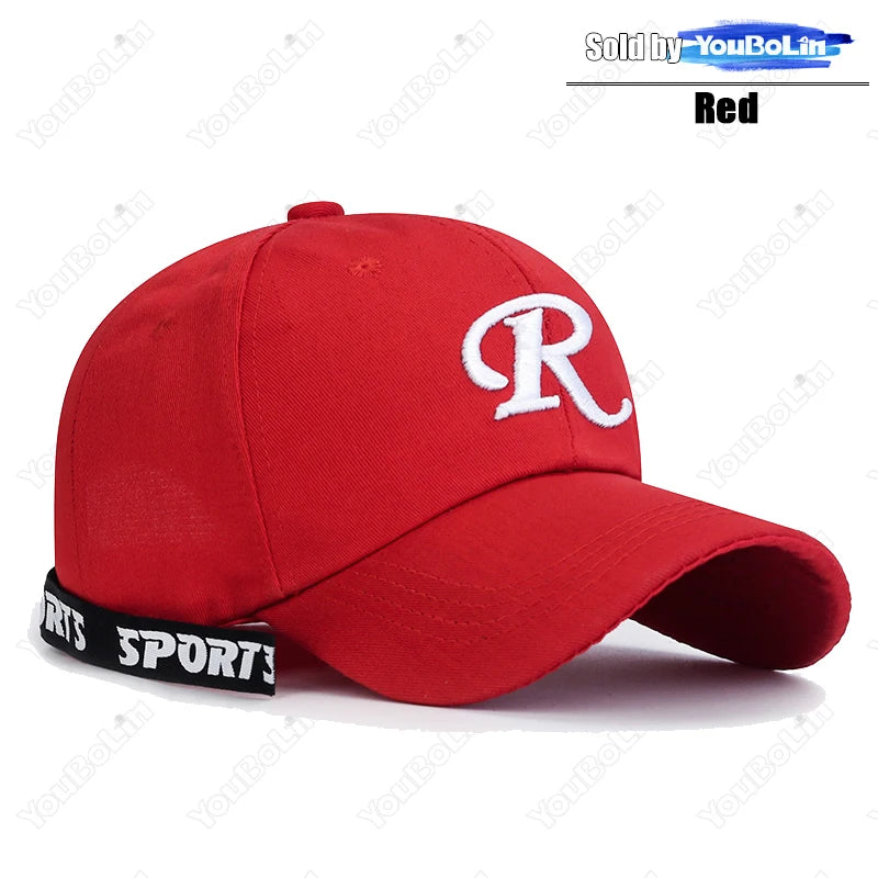 Casquette de baseball à visière rigide ajustable en coton brodé avec ruban en forme de lettre « R », casquette de soleil, casquette de camionneur, casquette hip-hop