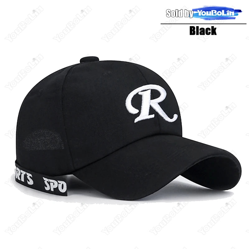 Casquette de baseball à visière rigide ajustable en coton brodé avec ruban en forme de lettre « R », casquette de soleil, casquette de camionneur, casquette hip-hop