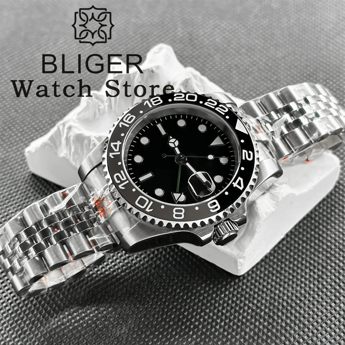 BLIGER 40mm 515 24H GMT Men's Watch Stainless Steel Clasp Luminous Quartz Movement Ceramic Bezel Sapphire Glass 10Bar Waterproof