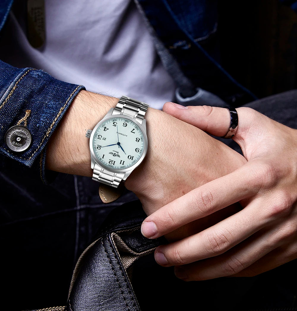 Klassische Herrenuhr – Retro-Design mit Kalender und blauen Zeigern, mechanisches Automatikwerk, renommierte Marke, Edelstahlgehäuse und Lederarmband