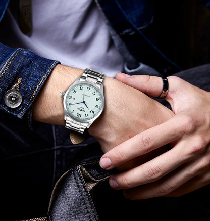 Klassische Herrenuhr – Retro-Design mit Kalender und blauen Zeigern, mechanisches Automatikwerk, renommierte Marke, Edelstahlgehäuse und Lederarmband