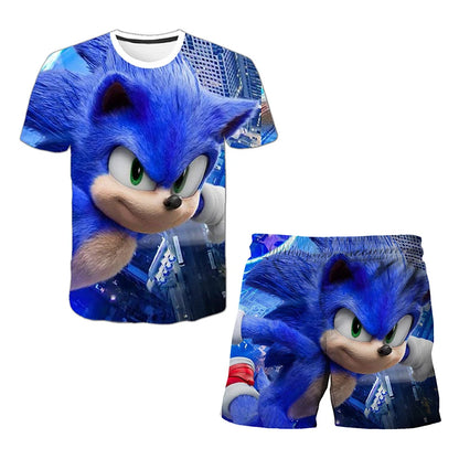 2026 Sonic The Hedgehog 3D T-shirt Set for Boys and Girls: Cute Summer Top + Shorts - Children's Short-Sleeve Birthday Gift