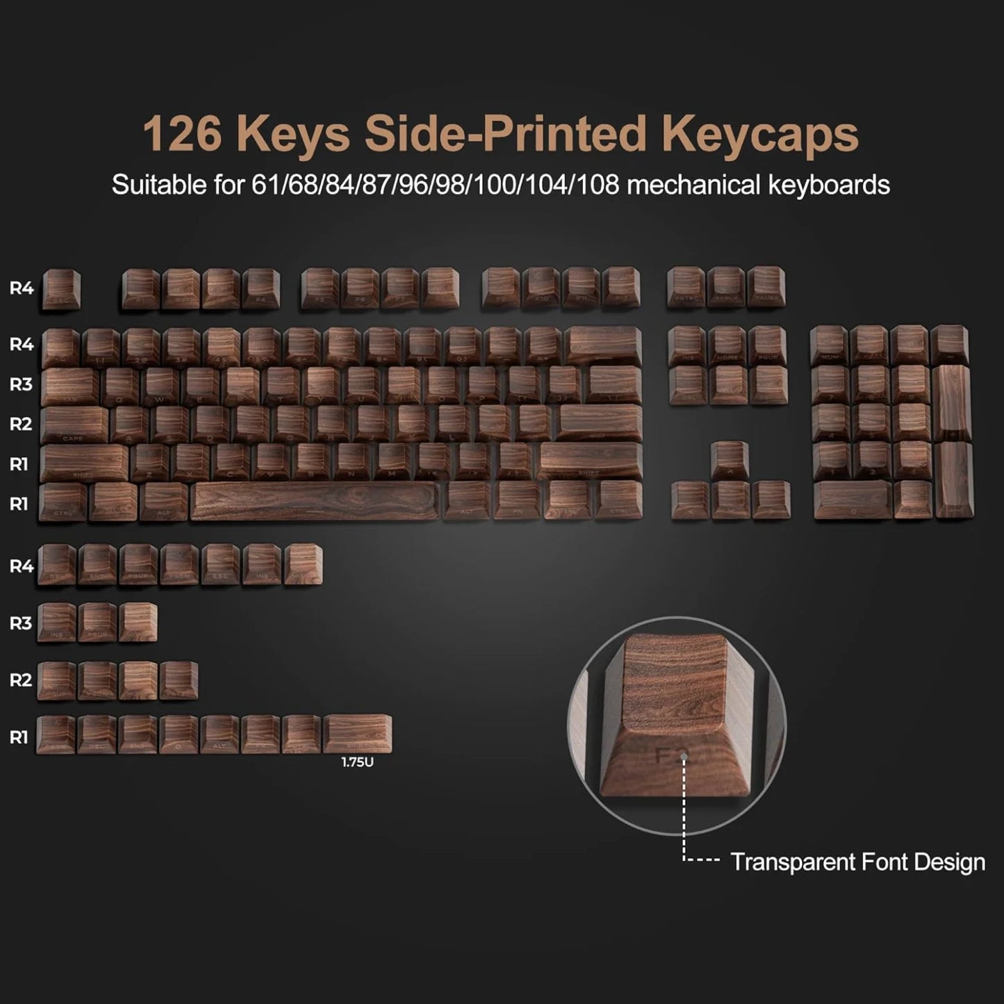 Teclas PBT translúcidas Cherry com gravação lateral e padrão de madeira, 126 teclas, personalizadas para teclado mecânico 60/84/98/108