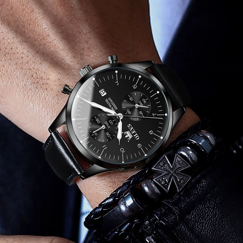 OLEVS 2880 herenhorloge – Elegante en strakke chronograaf, leren band, automatische datumweergave, waterdicht, lichtgevende wijzers, quartz uurwerk.