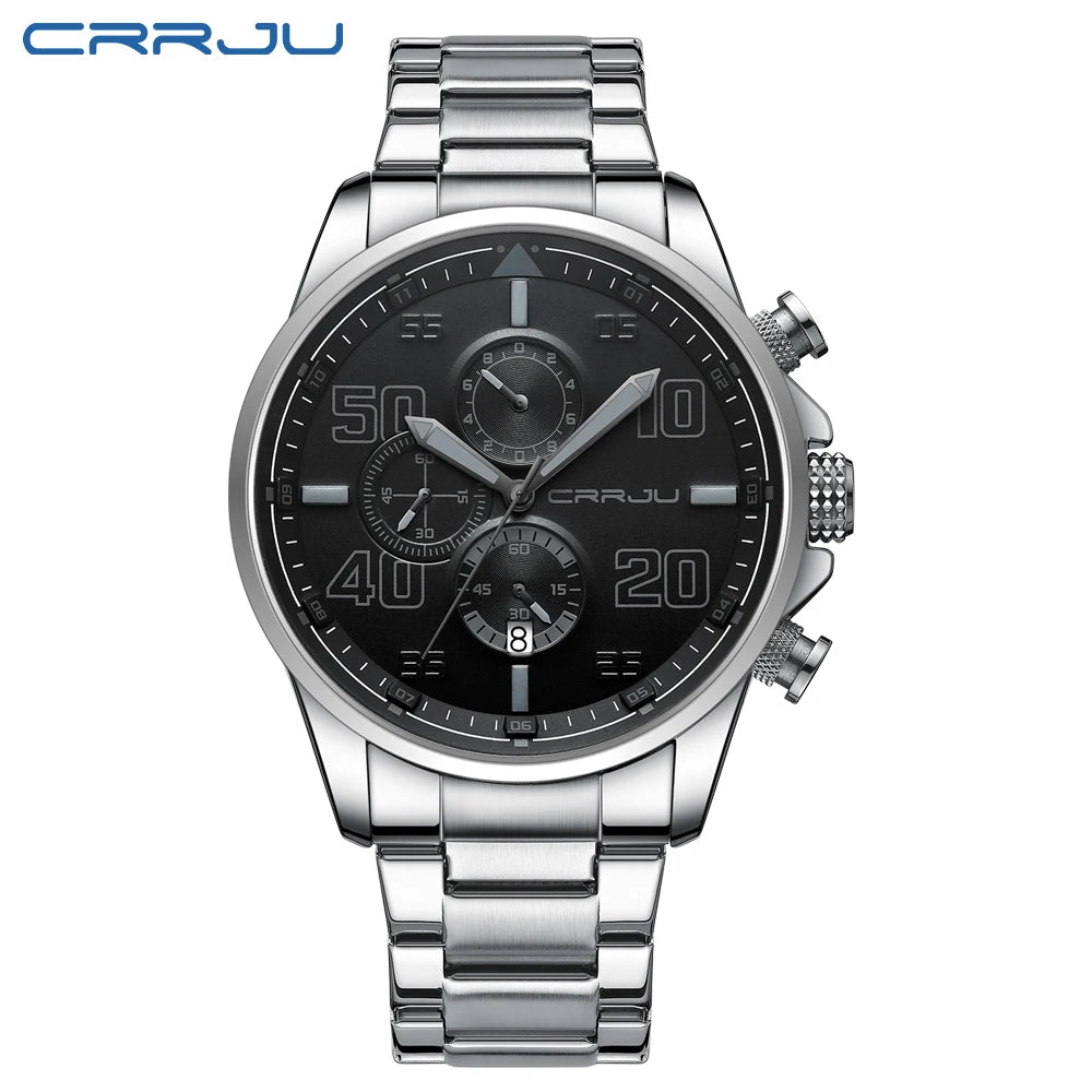 Montre pour homme CRRJU – Chronographe de luxe, grand cadran, acier inoxydable, étanche, avec affichage de la date