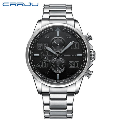 Montre pour homme CRRJU – Chronographe de luxe, grand cadran, acier inoxydable, étanche, avec affichage de la date