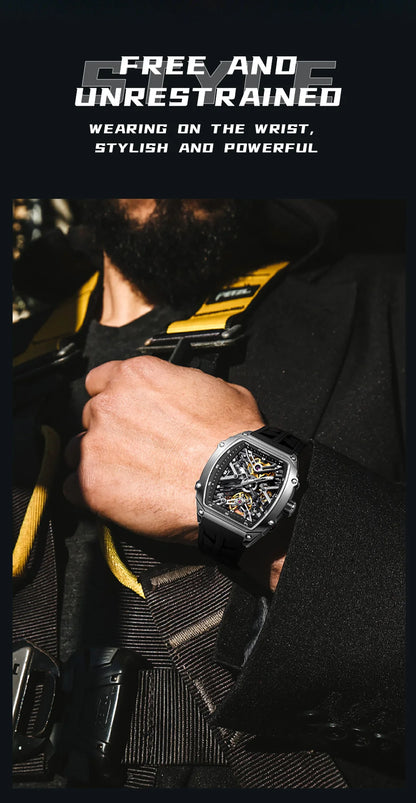STARKING Men's Waterproof Sports Mechanical Watch, Wear-resistant Silicone Strap, Automatic, Luminous Tonneau Luxury Design