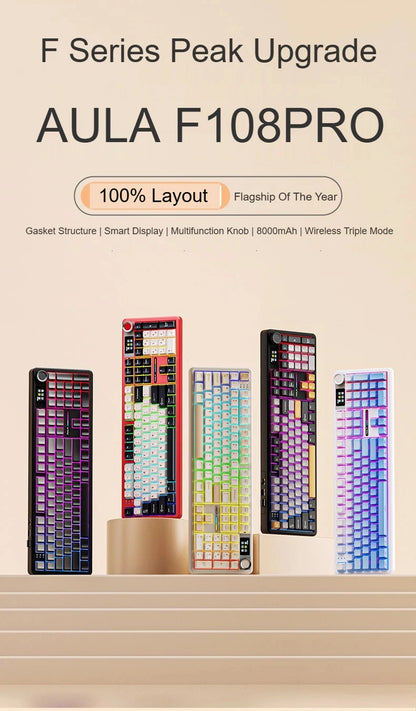 Tastiera meccanica AULA F108 PRO Custom, layout 100%, retroilluminazione RGB, Bluetooth wireless, switch Hi-Fi, tastiera gaming