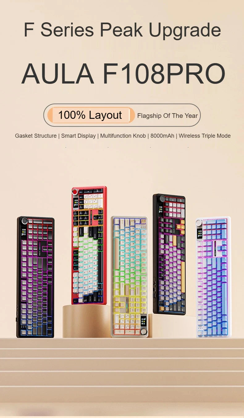 Tastiera meccanica AULA F108 PRO personalizzata layout 100%, retroilluminazione RGB, wireless Bluetooth, switch HiFi, tastiera gaming