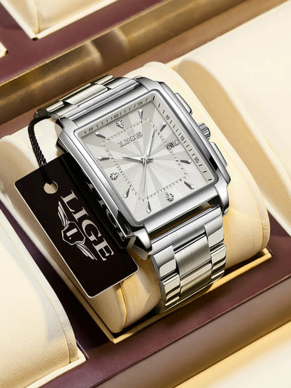 Reloj para hombre LIGE: estilo militar y moderno, caja cuadrada, cronógrafo de cuarzo, resistente al agua, marca de lujo
