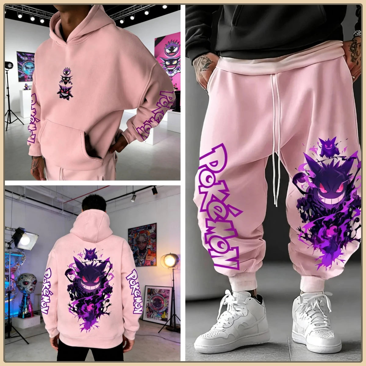 Black Hoodie and Pants Set with Pokemon Character Print Sleeve and Side Text Streetwear Anime Tracksuit for Men Unisex Casual