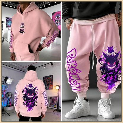 Black Hoodie and Pants Set with Pokemon Character Print Sleeve and Side Text Streetwear Anime Tracksuit for Men Unisex Casual