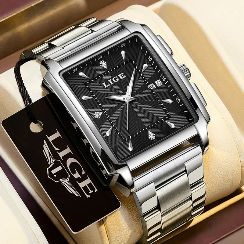 Reloj para hombre LIGE: estilo militar y moderno, caja cuadrada, cronógrafo de cuarzo, resistente al agua, marca de lujo
