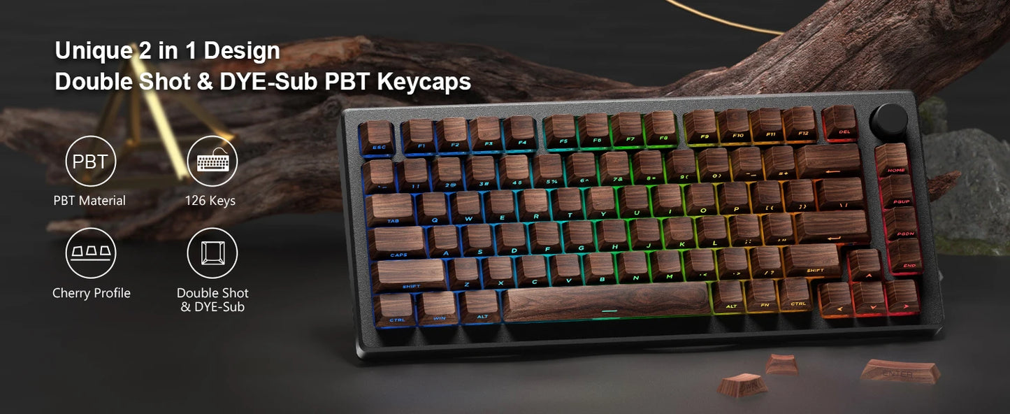 Teclas PBT translúcidas Cherry com gravação lateral e padrão de madeira, 126 teclas, personalizadas para teclado mecânico 60/84/98/108