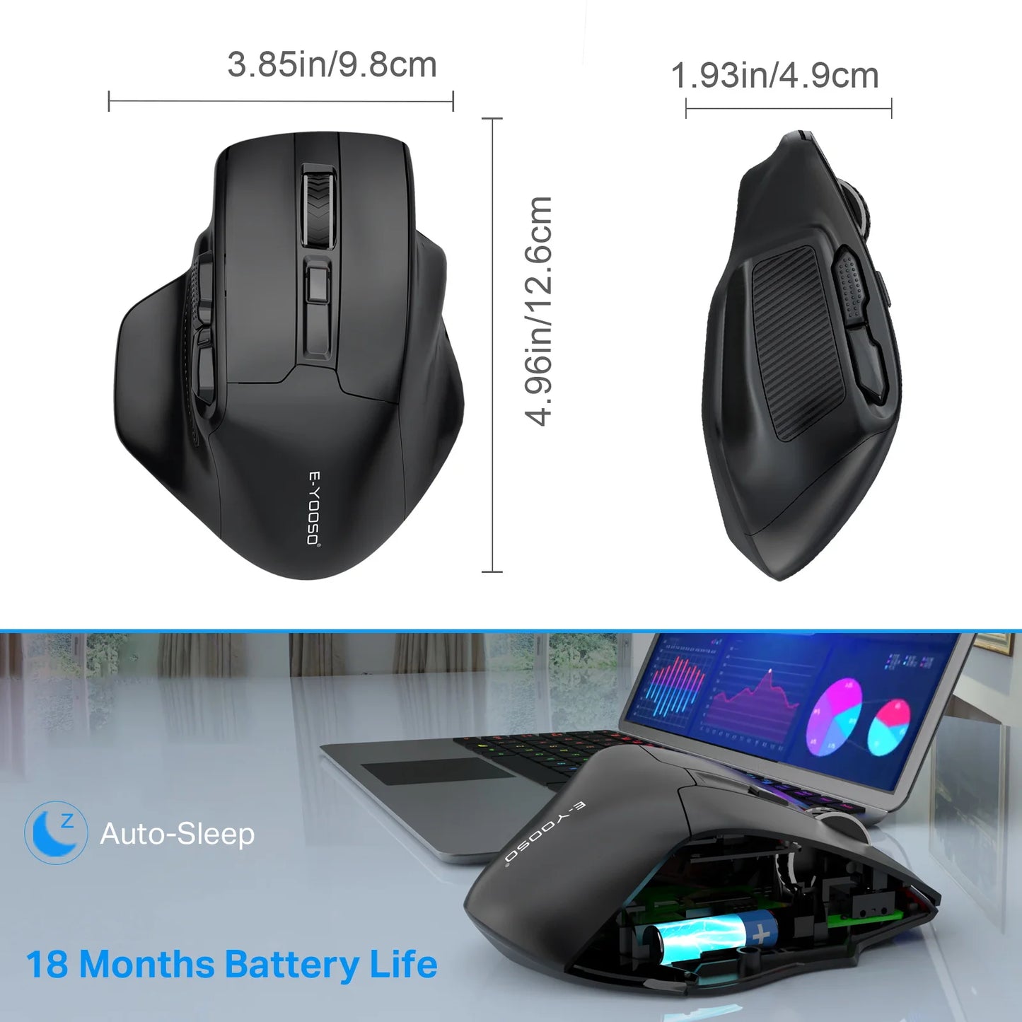 Rato sem fios E-YOOSO 2.4G PAW3212 4800 DPI, rato ergonómico para gaming e escritório, para notebook, PC, portátil e MacBook
