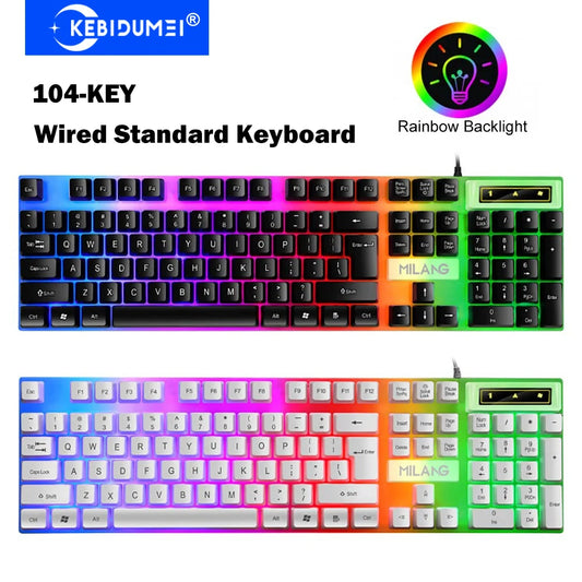 KEBIDUMEI teclado USB com fio RGB retroiluminado para gaming, teclado padrão de 104 teclas, teclado de membrana para PC, portátil, Windows, IOS
