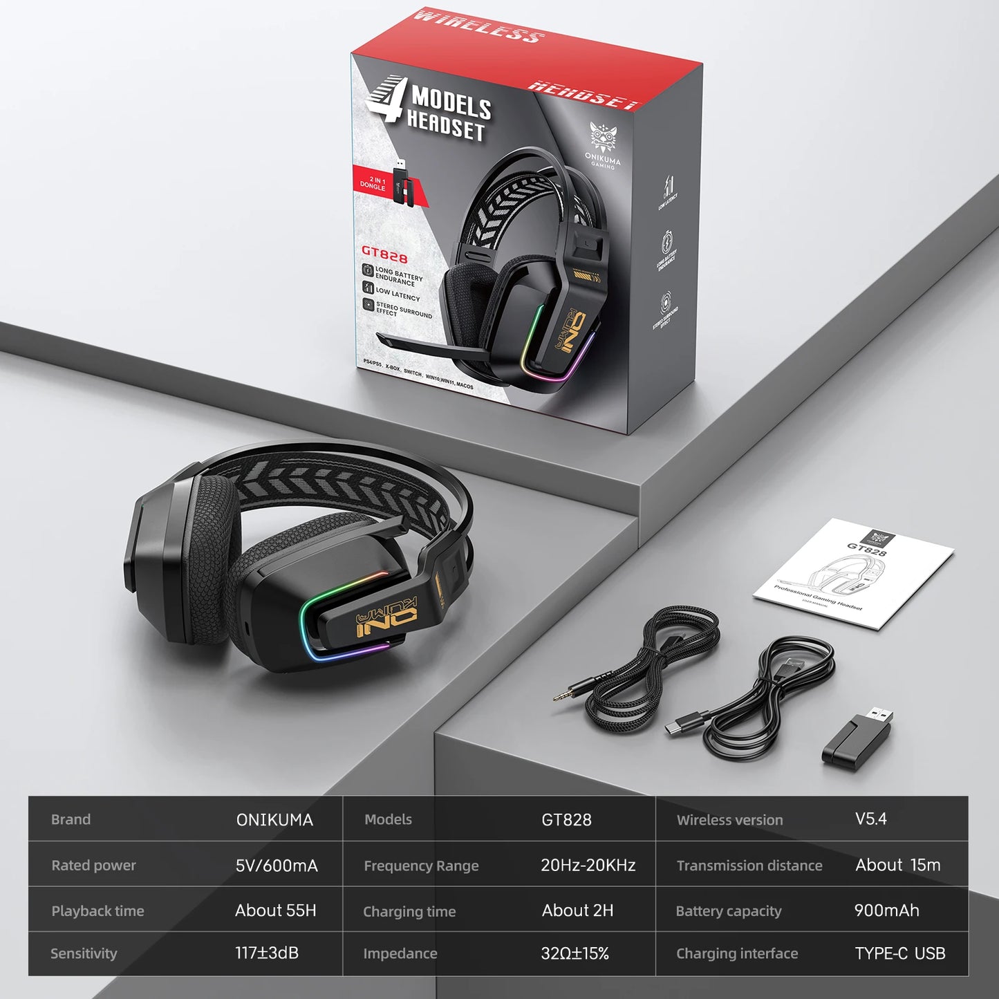 Auriculares gaming inalámbricos ONIKUMA GT828 Bluetooth 5.3 RGB con micrófono, cancelación de ruido y conexión de 4 modos para PC, PS5 y portátil
