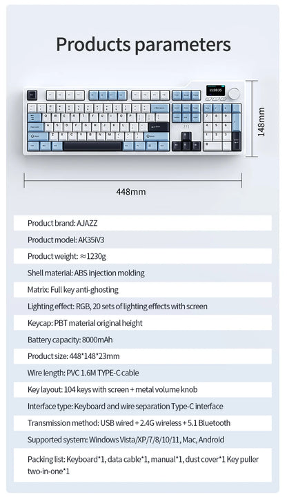 Neue AJAZZ AK35I V3 MAX Tri-Mode kabelgebundene Bluetooth-Wireless-Gaming-Tastatur mit Gasket-Struktur, Full-Key-Hot-Swap, 104 Tasten, individuell anpassbare Tastatur