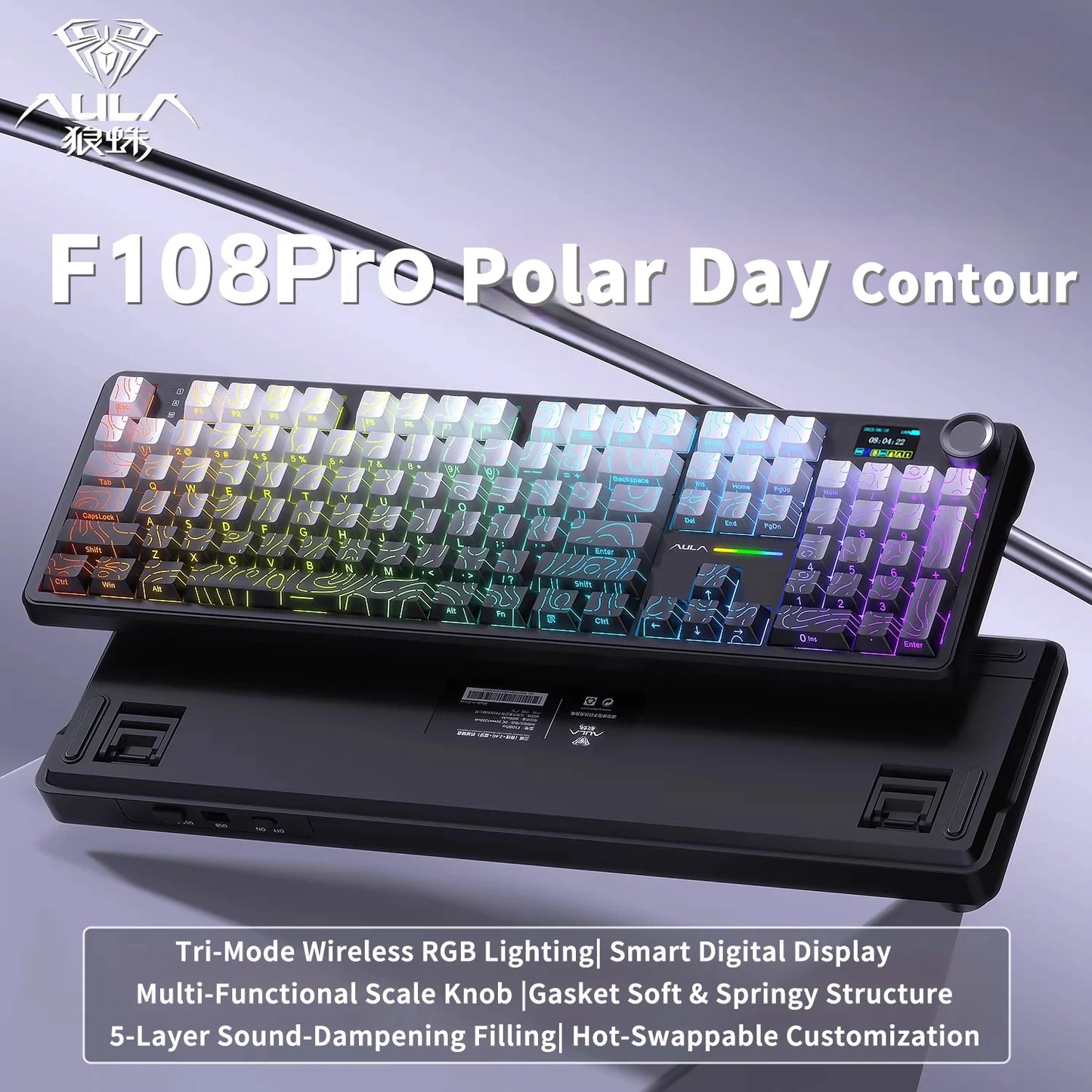Tastiera meccanica AULA F108 PRO Custom, layout 100%, retroilluminazione RGB, Bluetooth wireless, switch Hi-Fi, tastiera gaming