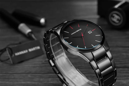 Montre pour homme Hannah Martin, boîtier en acier inoxydable, mouvement à quartz, cadran de 41 mm, style professionnel, avec affichage du calendrier (imitation)