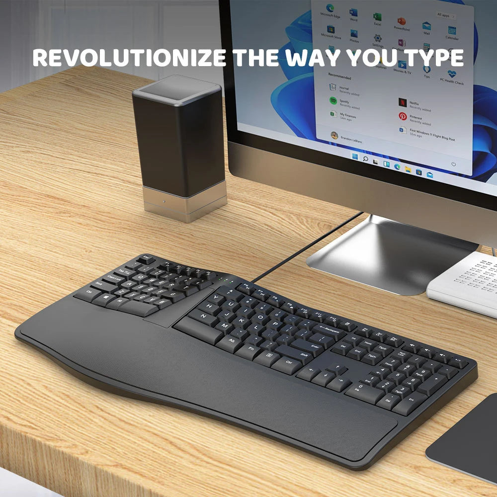 K9 ergonomische geteilte USB-Kabeltastatur mit Handballenauflage, 110 Tasten, Gaming-Tastatur für Business-Büros