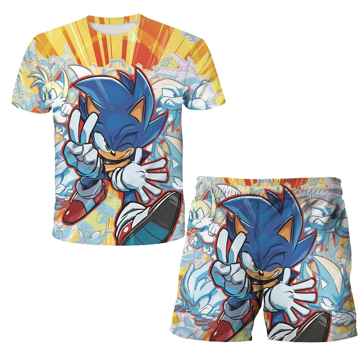 New Boys T-shirt Sonic The Hedgehog 3D T-shirt Set for Boys Girls Cute Summer Top + Shorts Children's Short-Sleeve Birthday Gift