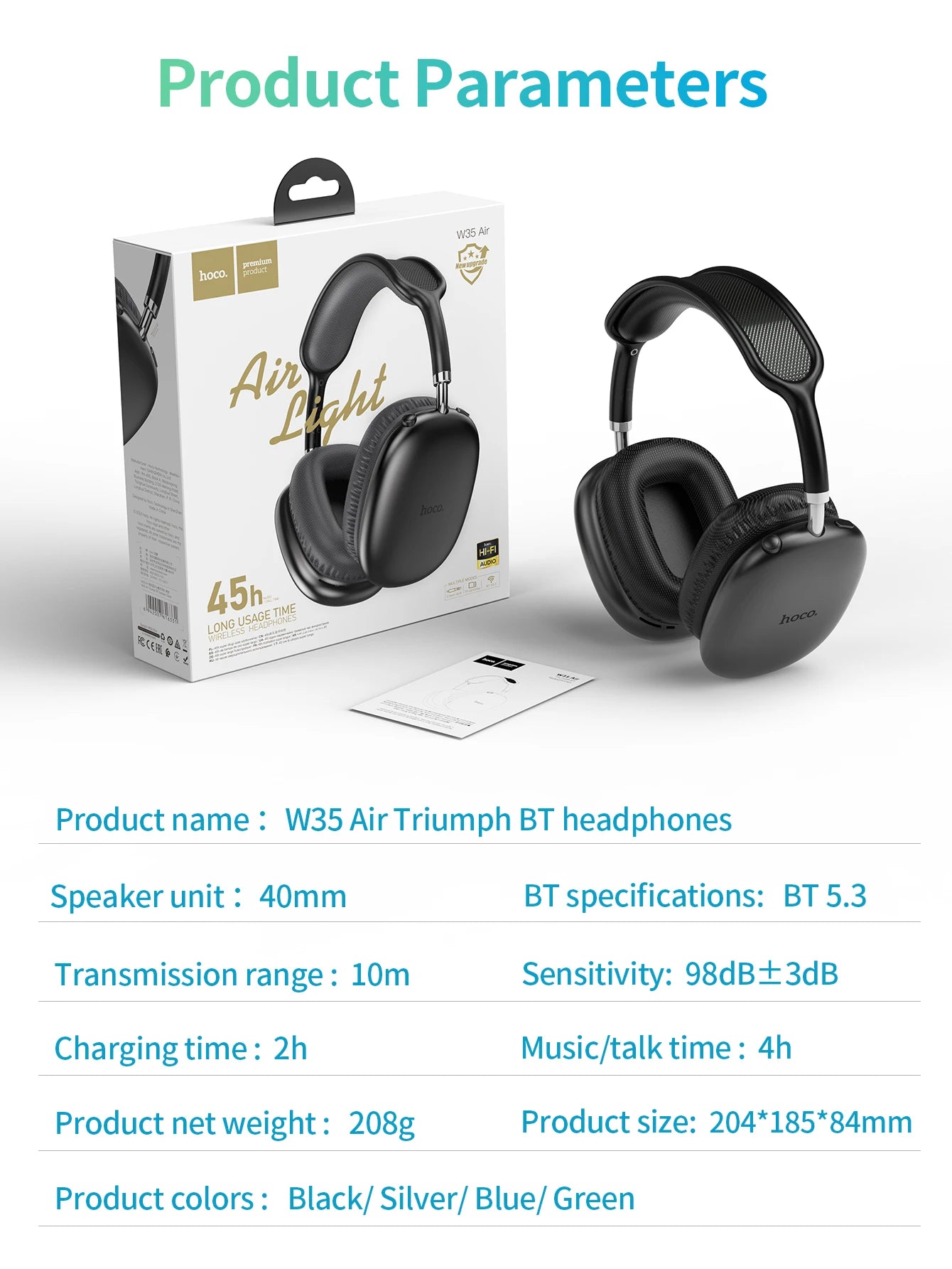 HOCO W35 Air Wireless Bluetooth 5.3 Over-Ear Headphones – Deep Bass Stereo Gaming Headset with Microphone, TF Card & AUX Mode, Waterproof Sports Headphones