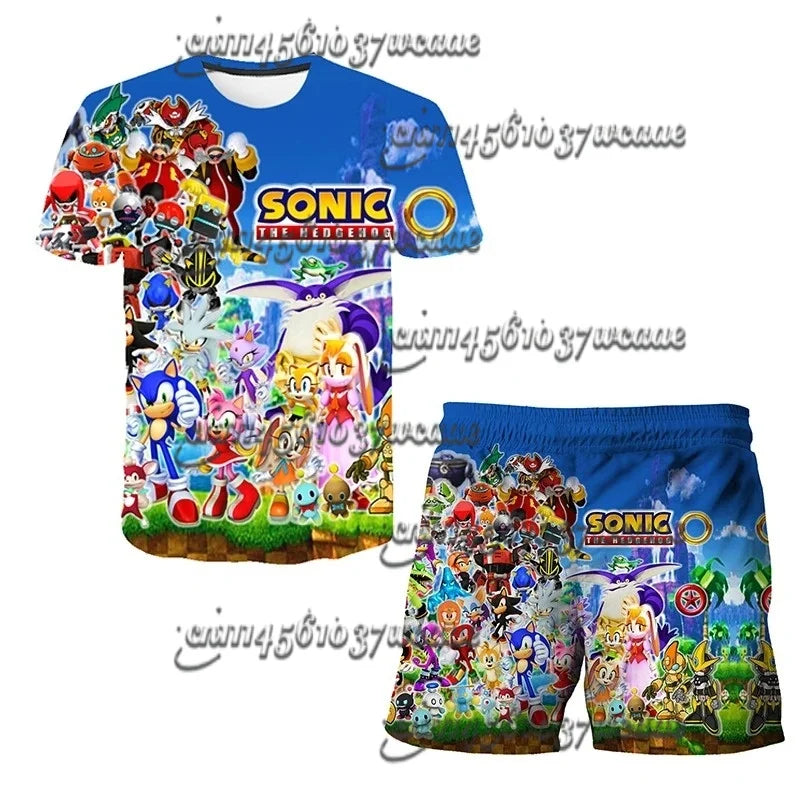 Bandai Animation Game Sonic Character Series T-shirt Set COS Universal Summer Oversized Short Sleeve Shorts New FamilyMatching