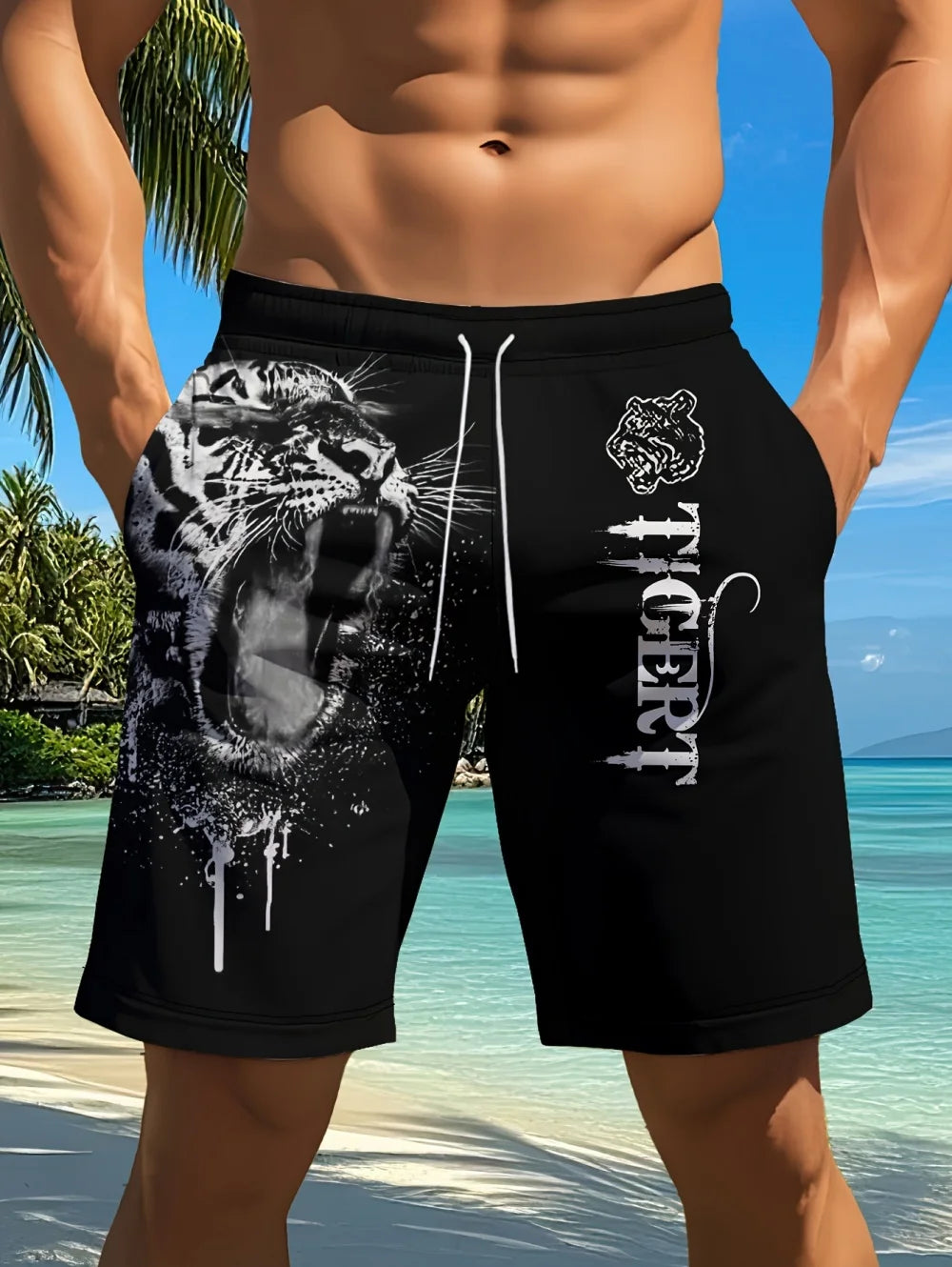 Men Beach Shorts Casual Animal 3D Print Tiger Graphics Drawstring Summer Running Shorts Loose Quick-Dry Sportswear Men Clothes