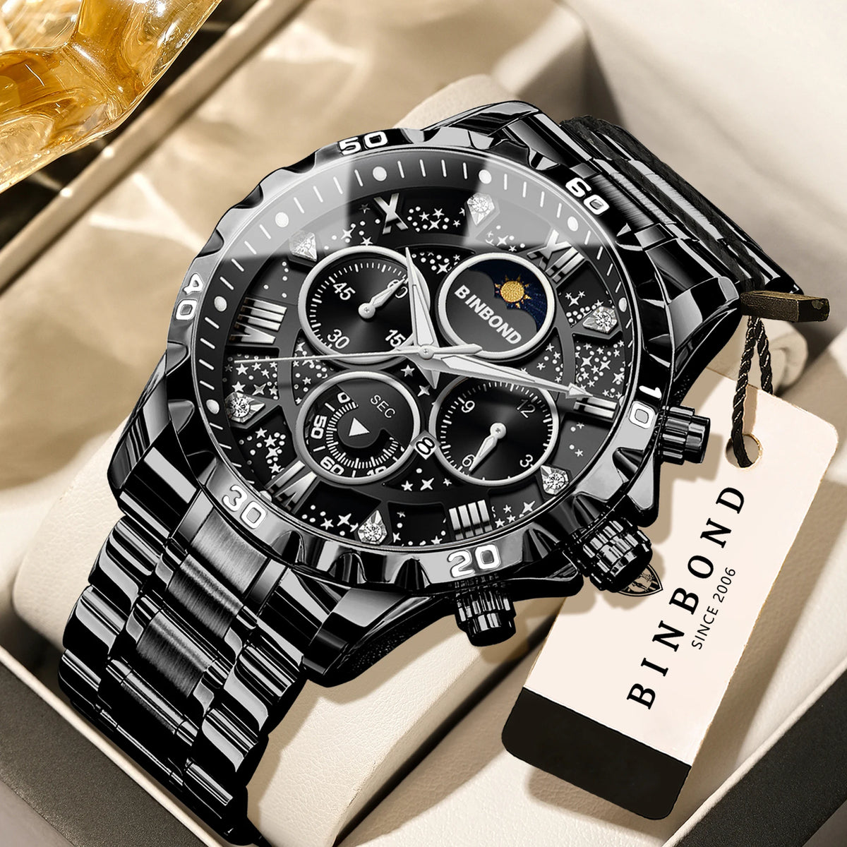 Montres à quartz de marque originale BINBOND pour hommes, montre chronographe de luxe lumineuse en acier inoxydable pour hommes, montre élégante pour hommes