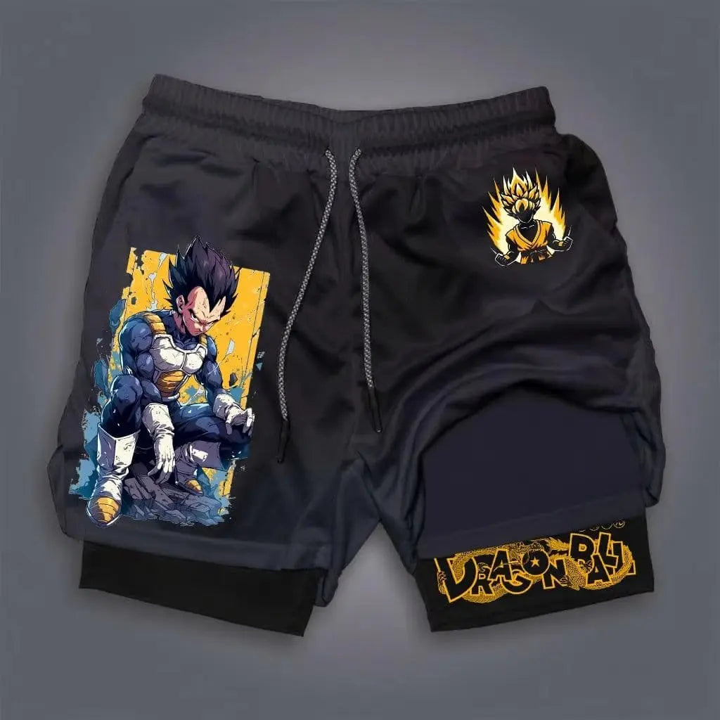 2026 Men's Shorts Double Layer 2-in-1 Dragon Ball Z Anime Graphic Print Streetwear Casual Summer Elastic Fitness Sports Pants