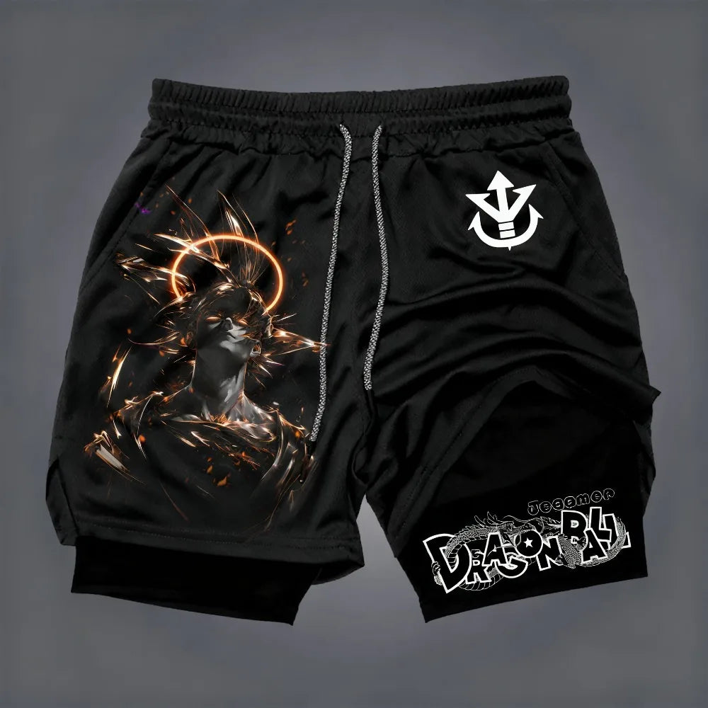 2026 Summer Dragon Ball Double Layer Men's Workout Shorts, Frieza Print Quick Dry Athletic Outdoor Running Shorts Oversized Y2k