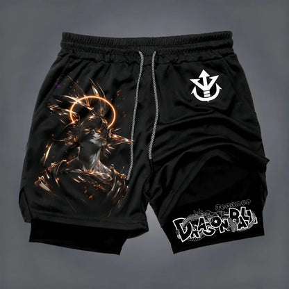 2026 Summer Dragon Ball Double Layer Men's Workout Shorts, Frieza Print Quick Dry Athletic Outdoor Running Shorts Oversized Y2k