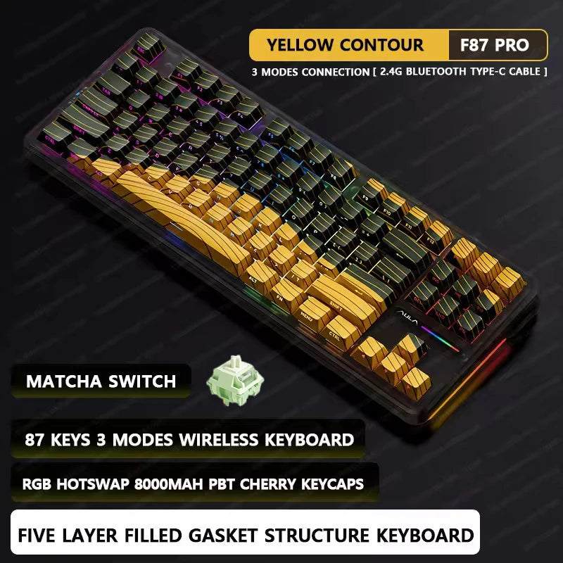 AULA F87 Pro mechanische Tastatur 2.4g/Usb/Bluetooth Tri-Mode Wireless, 87 Tasten, RGB, PBT, Gasket, 5-lagige Schalldämpfung, Full-Key, No Impact