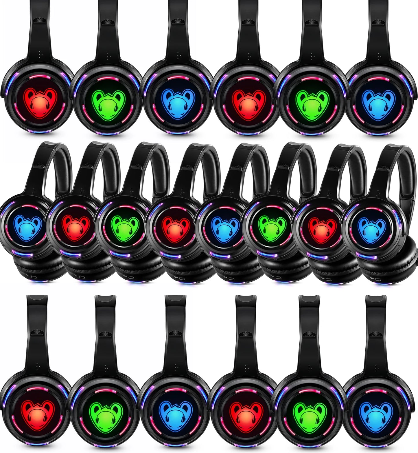Auriculares inalámbricos Silent Disco RF LED para DJ y fiestas 863–865MHz/915MHz con iluminación LED de 3 canales y batería de 10H