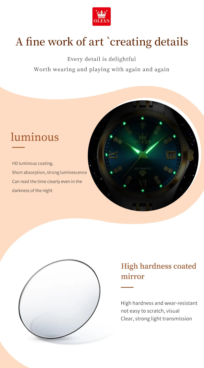 OLEVS 9801 Womens Watch Luxury Fashion Waterproof  Automatic Mechanical Watch Stainless Steel Diamond Date Ladies Watch Set