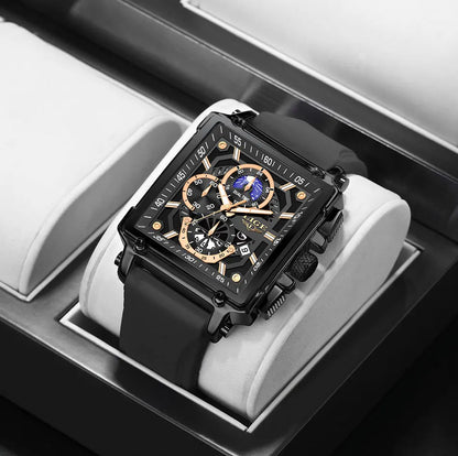 New LIGE Mens Watches Top Brand Luxury Hollow Square Sport Watch For Men Fashion Silicone Strap Waterproof Quartz WristWatch+Box