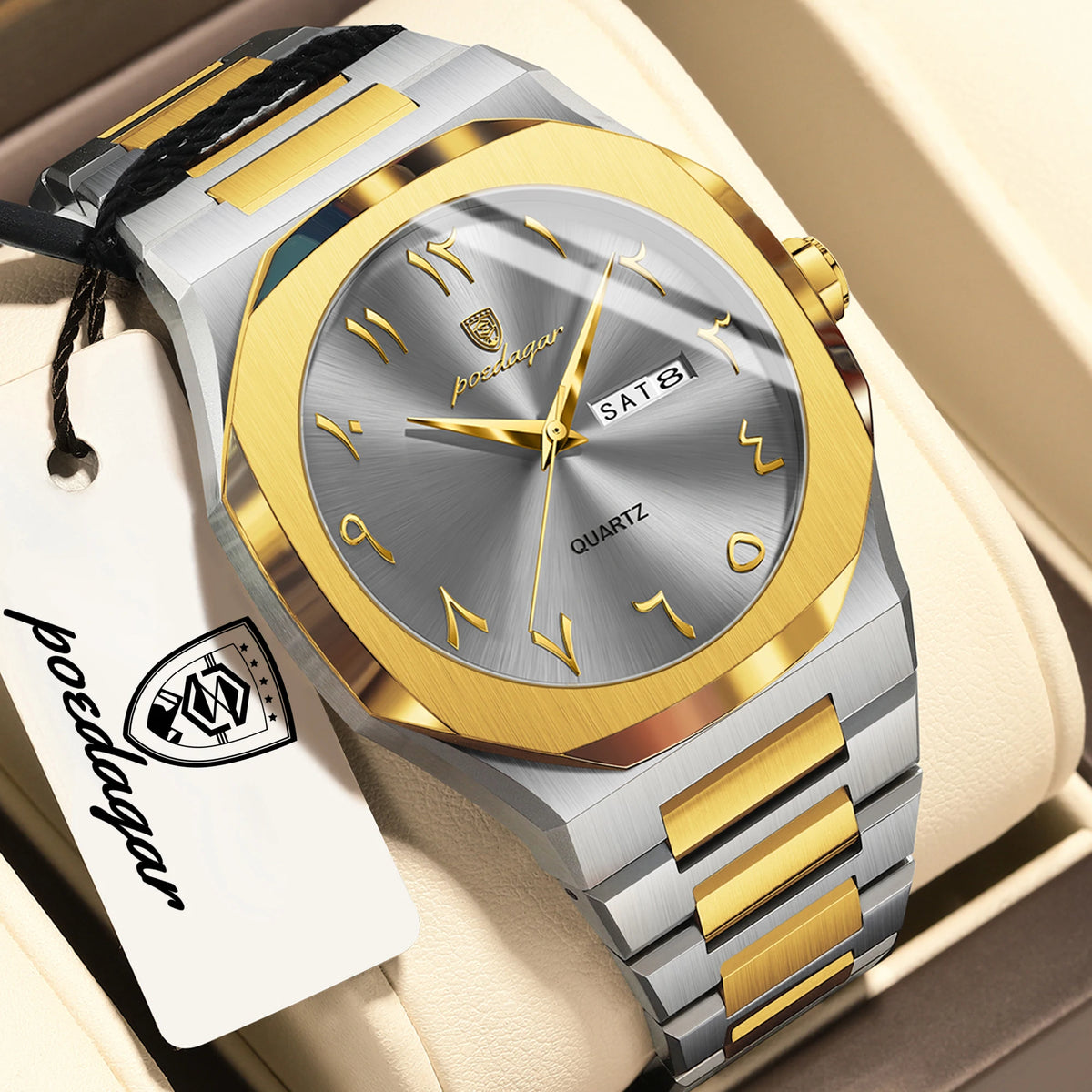 POEDAGAR Luxus-Herrenuhr, wasserdichte Quarzuhr aus Edelstahl, Herrenuhr mit Wochentagsanzeige und Datumsanzeige, Business-Herrenuhren, Reloj Hombre