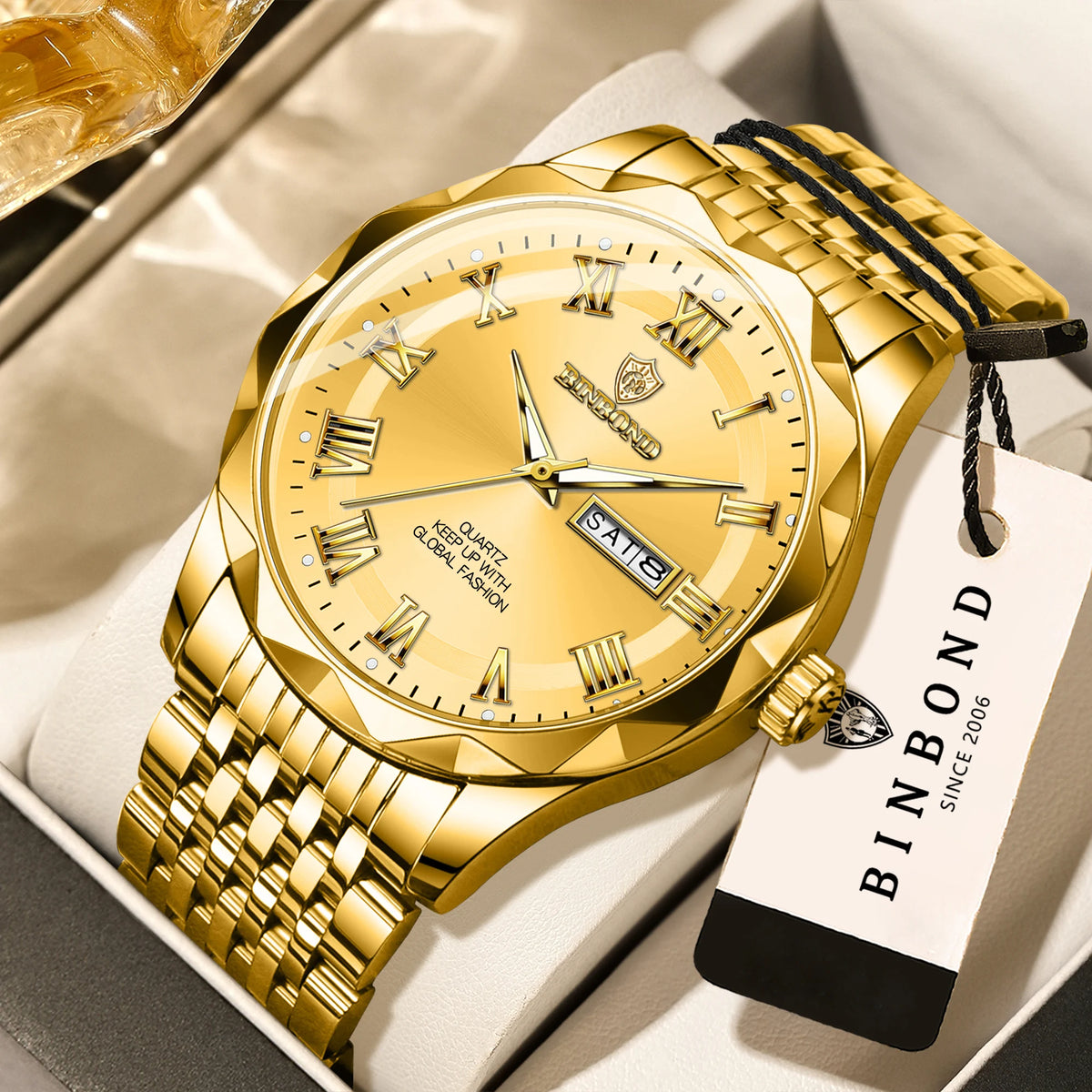Relógio de pulso de luxo de quartzo da marca original BINBOND para homem, luminoso, estanque, data automática, indicação do dia da semana, estilo descontraído.