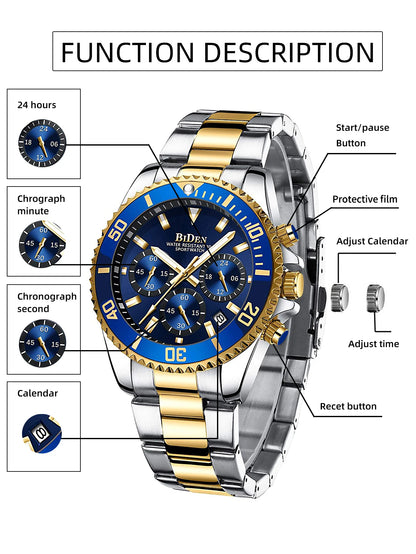 BIDEN Multi functional men's quartz watch luxury waterproof night light business style diving series casual fashion watch