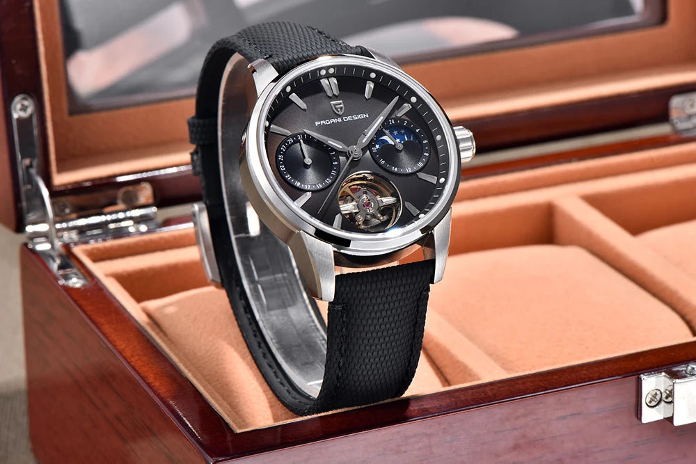 PAGANI DESIGN – Orologio meccanico di lusso da uomo, 41 mm, vetro zaffiro, cinturino in pelle, impermeabile, stile pilota, con tourbillon e fasi lunari