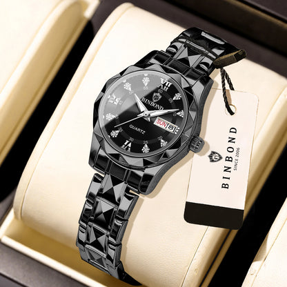 Montre pour femme BINBOND : montre à quartz robuste, luxueuse, luminescente et étanche, dotée d'un affichage précis de la date et du jour de la semaine.