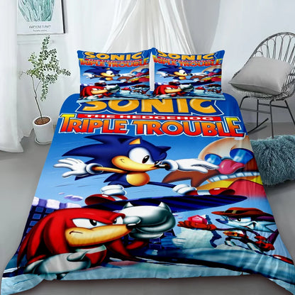 3-Piece Duvet Cover Set – Sonic Cartoon Bedding Set – Duvet Cover for Kids and Teens – Gifts & Bedroom Decor King Queen