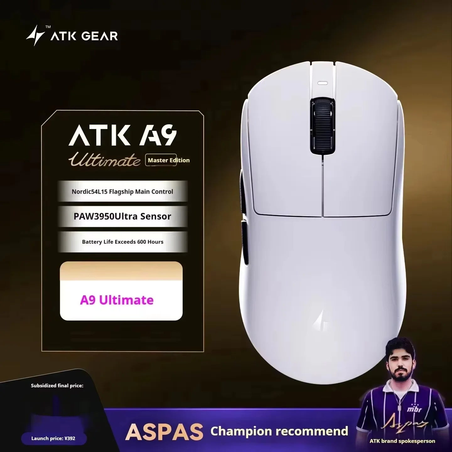 ATK A9 bezdrôtová herná myš s technológiou NearLink, ergonomická PAW3395, trojrežimová Bluetooth myš s nízkou latenciou pre e-šport a PC