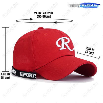 Casquette de baseball à visière rigide ajustable en coton brodé avec ruban en forme de lettre « R », casquette de soleil, casquette de camionneur, casquette hip-hop