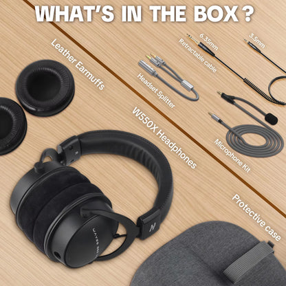 Talomen TOP W550X kabelgebundene Over-Ear-Kopfhörer mit 50mm-Treibern, tiefem Bass, abnehmbarem Kabel und integriertem Mikrofon – Gaming-, DJ-, Studio- und Büro-Headset
