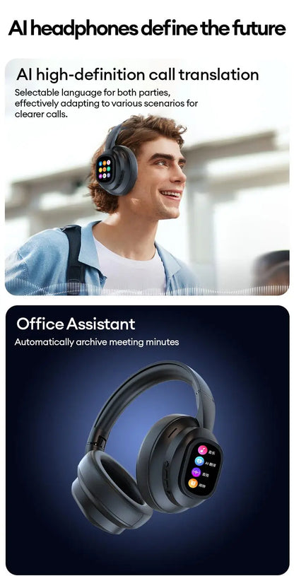 Auriculares inalámbricos Bluetooth con pantalla táctil LCD AI – Headset gaming con cancelación de ruido ANC, graves profundos y micrófono HD